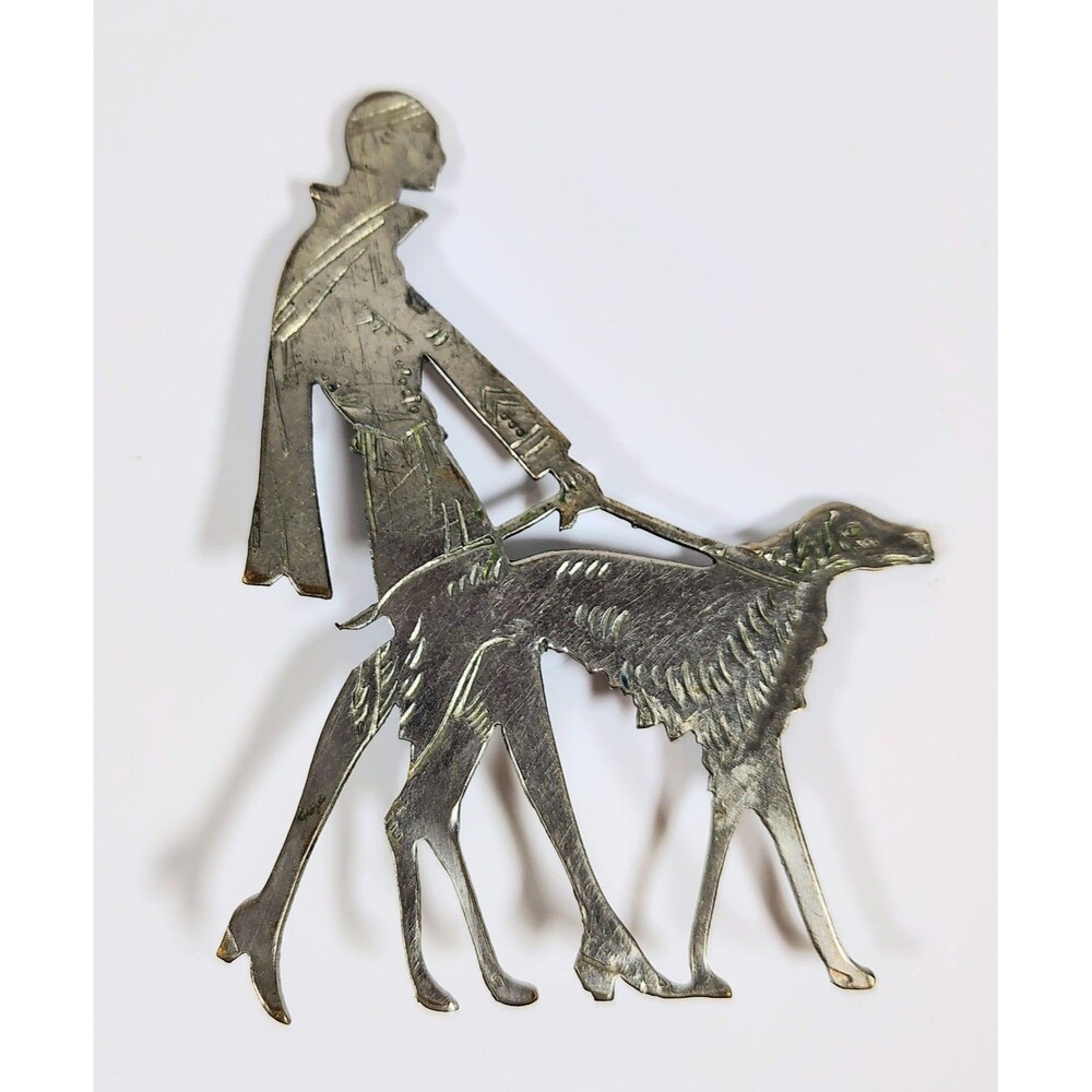 Vtg 1920s Vogue Art Deco Lady Walking Dog Brooch Pin Borzoi Antique Silver Tone